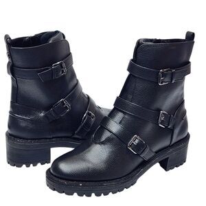 KENNETH COLE REACTION Tate Biker Jewel Lug Sole Booties Size 7.5 M Black